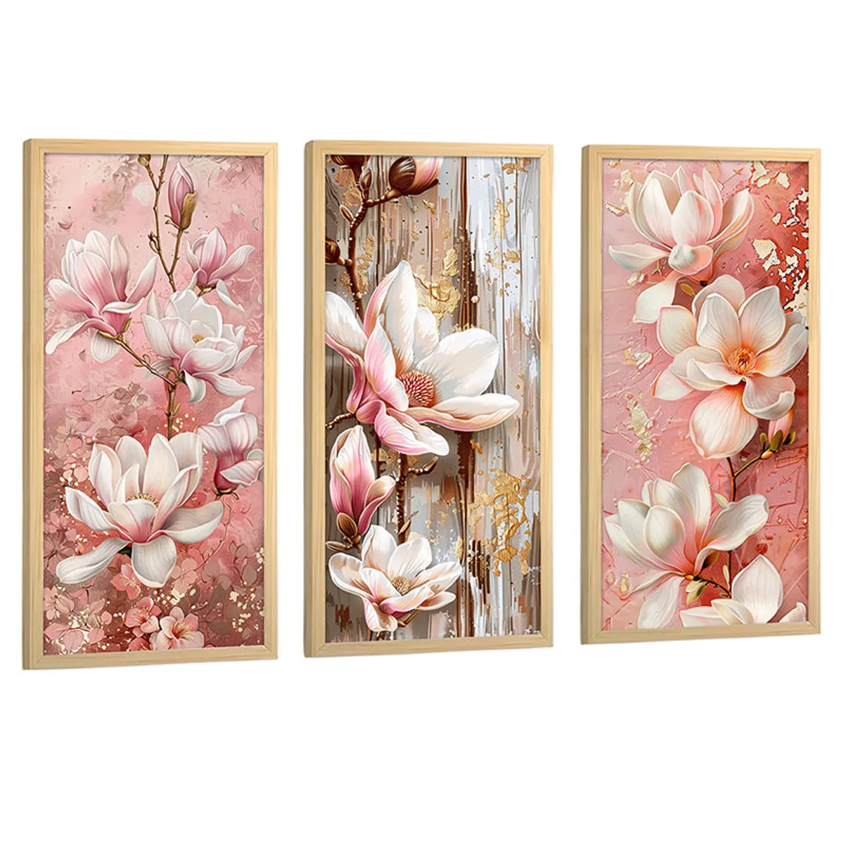 Three rectangular framed floral art prints with blush pink blooms