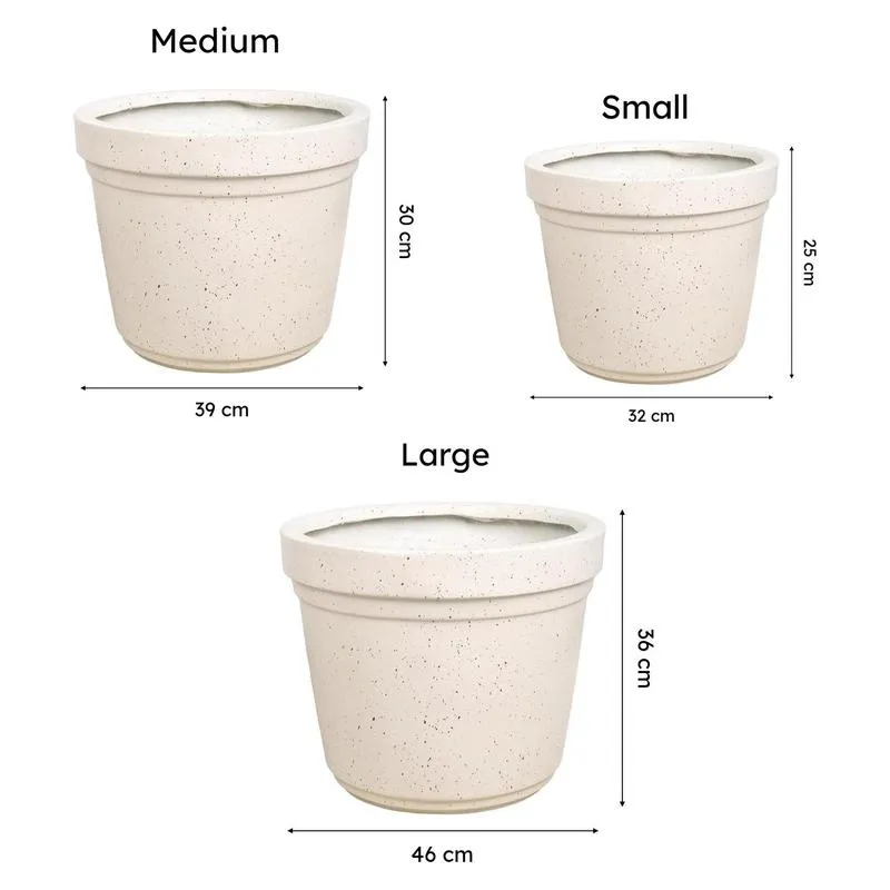 Off-white planter size comparison showing small, medium and large options