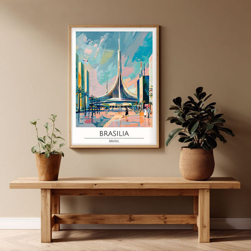 Vintage Brasilia Framed Canvas Archival Canvas Wall Painting - Natural Brown Frame