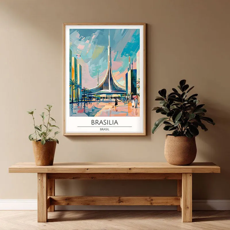 Vintage Brasilia Framed Canvas Archival Canvas Wall Painting - Natural Brown Frame media 1
