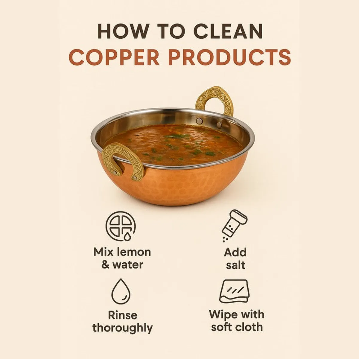 Copper kadhai with curry beside illustrated cleaning instructions