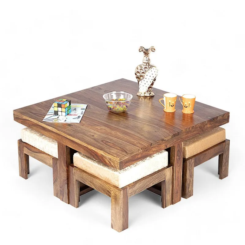 Evrino Sheesham Wooden Center Table with Stools and Cushions (Brown,Grey) - Nine Piece Set media 4