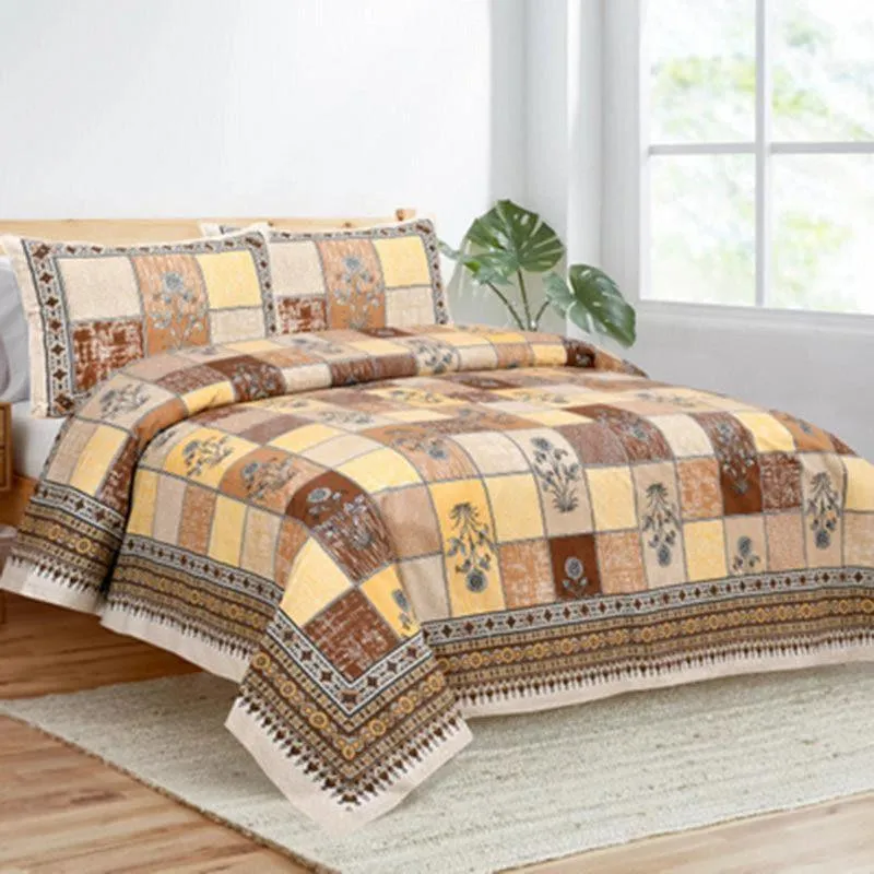 Girish Ethnic Cotton Bedsheet (Yellow) - 160 TC media 1