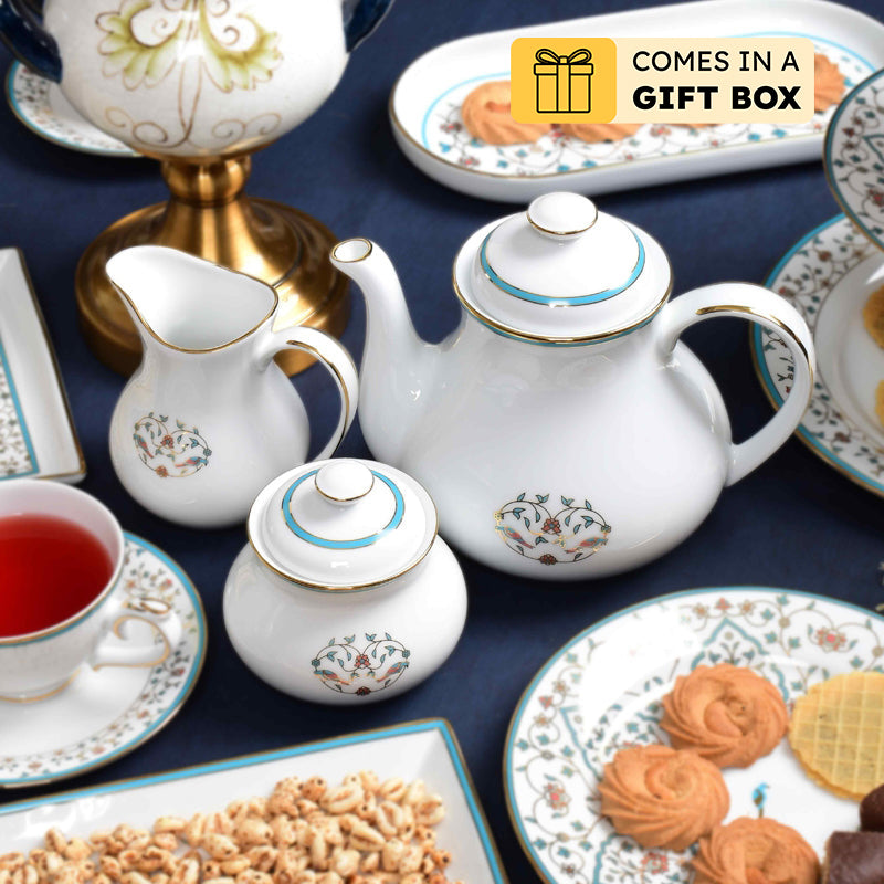 Gilded Mavi 24k Gold Brushed Porcelain Tea Set With Tea Pot - Seventeen Piece Set