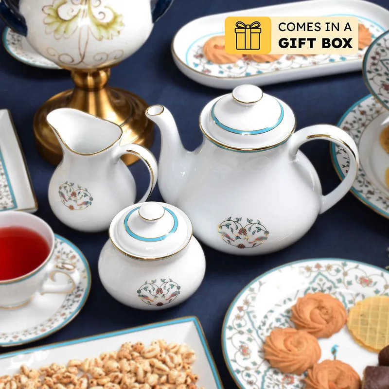 Gilded Mavi 24k Gold Brushed Porcelain Tea Set With Tea Pot - Seventeen Piece Set media 1