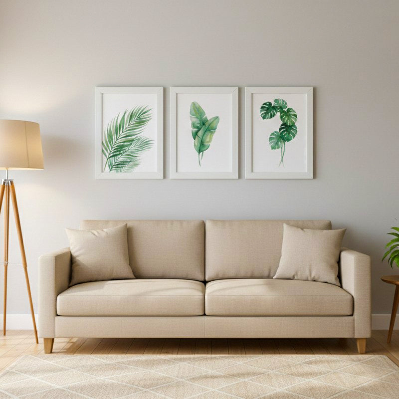 Minimalist Green Botanical Wall Painting With White Frame - Set Of Three