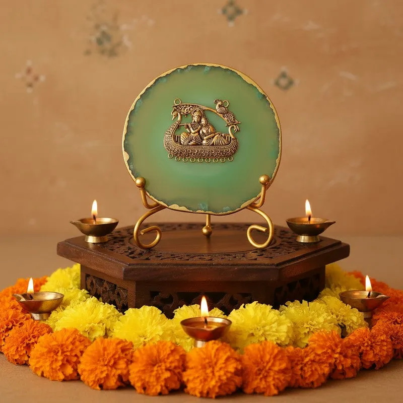 Radhe Krishna Bliss Agate Showpiece With Stand - Green media 1