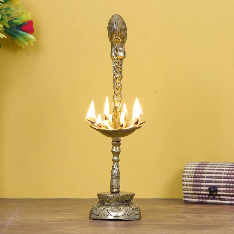 Front view of a gold parrot perch brass hanging diya with a decorative base.