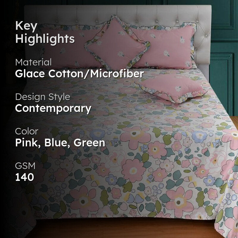 Pink Plume Frilled Floral Cotton Microfiber Bedding Set - Five Piece Set media 2