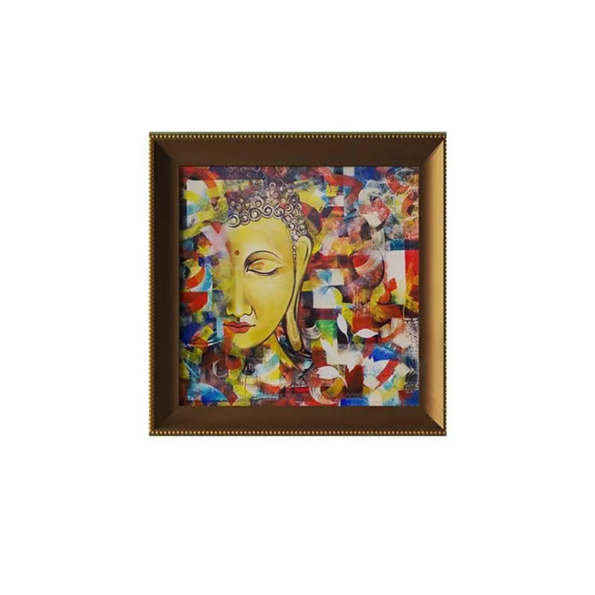 Front view of square framed Buddha wall art on a plain white background