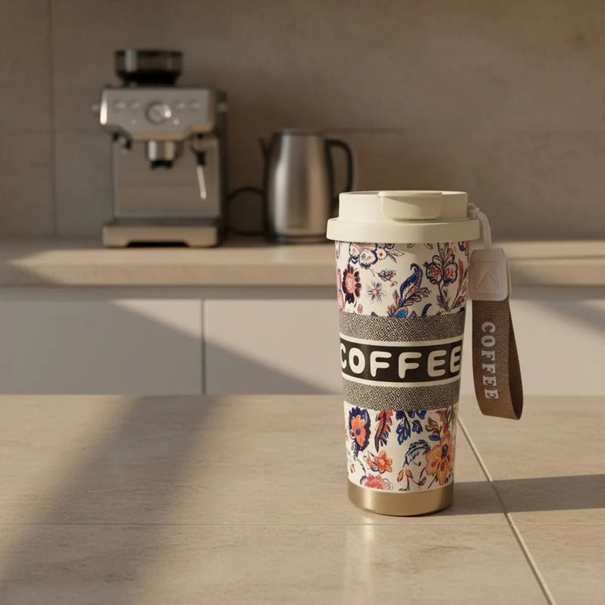 Floral coffee tumbler displayed on a kitchen counter