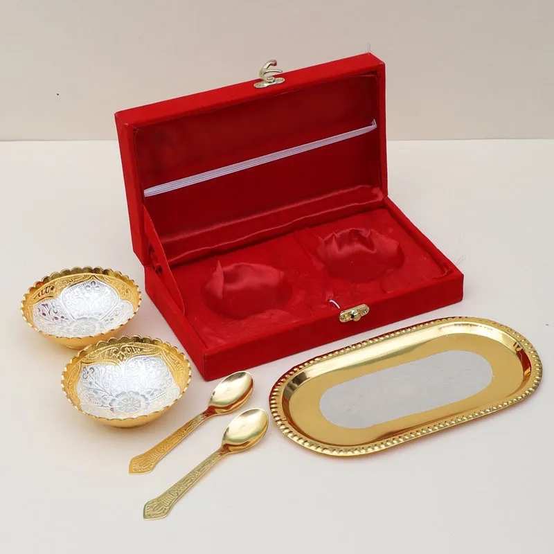Kumudini Light Gold Bowl With Spoon & Tray (100 ML) - Five Piece Set media 4