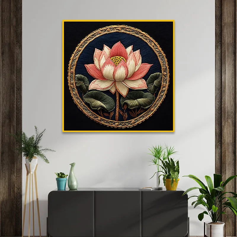 Mystic Lotus Canvas Wall Painting With Frame - Gold media 1