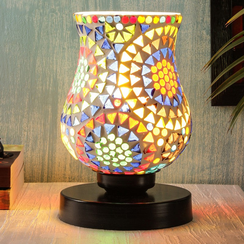 Lumeweave Mosaic Glass Wooden Table Lamp With Base - Multicolor