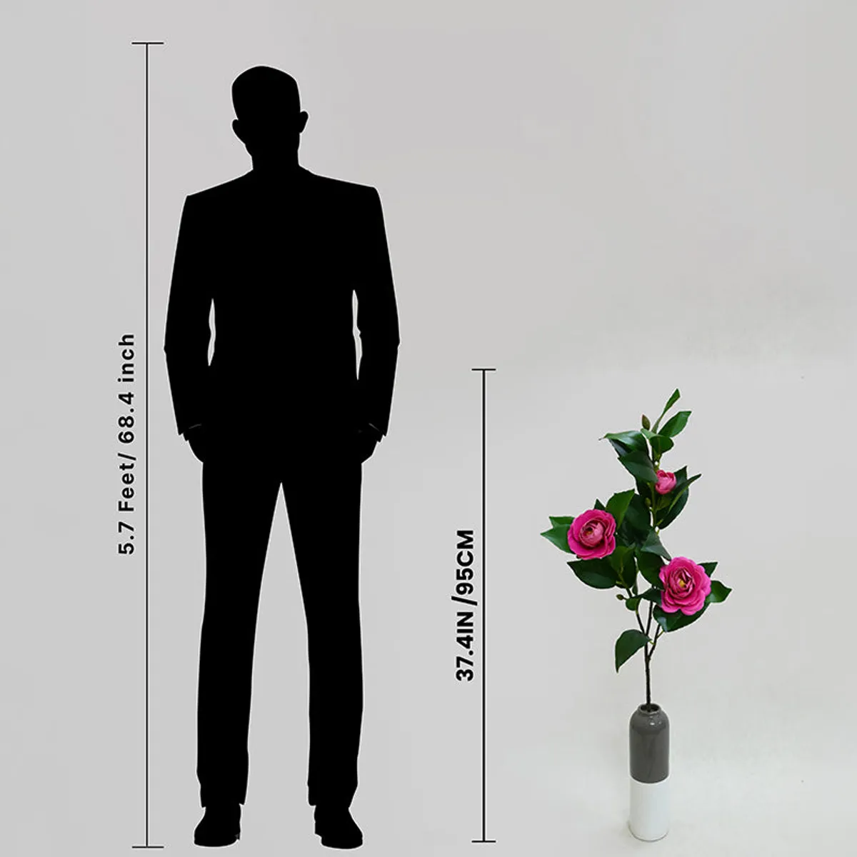 Artificial rose stem shown beside a height comparison figure.