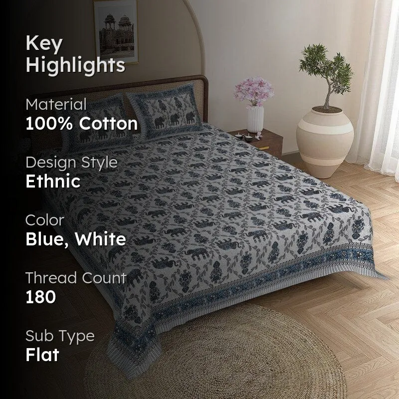 Tejas Ethnic Cotton Bedsheet (Blue,White) - 180 TC media 2