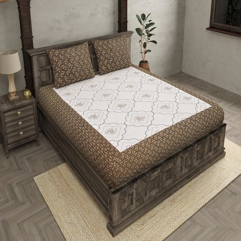 Pinga Ethnic Cotton Bedsheet (White,Brown) - 180 TC media 1