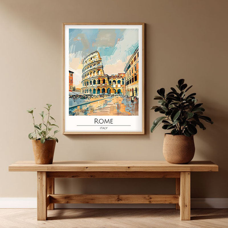 Vintage Coliseum Framed Canvas Archival Canvas Wall Painting - Natural Brown Frame