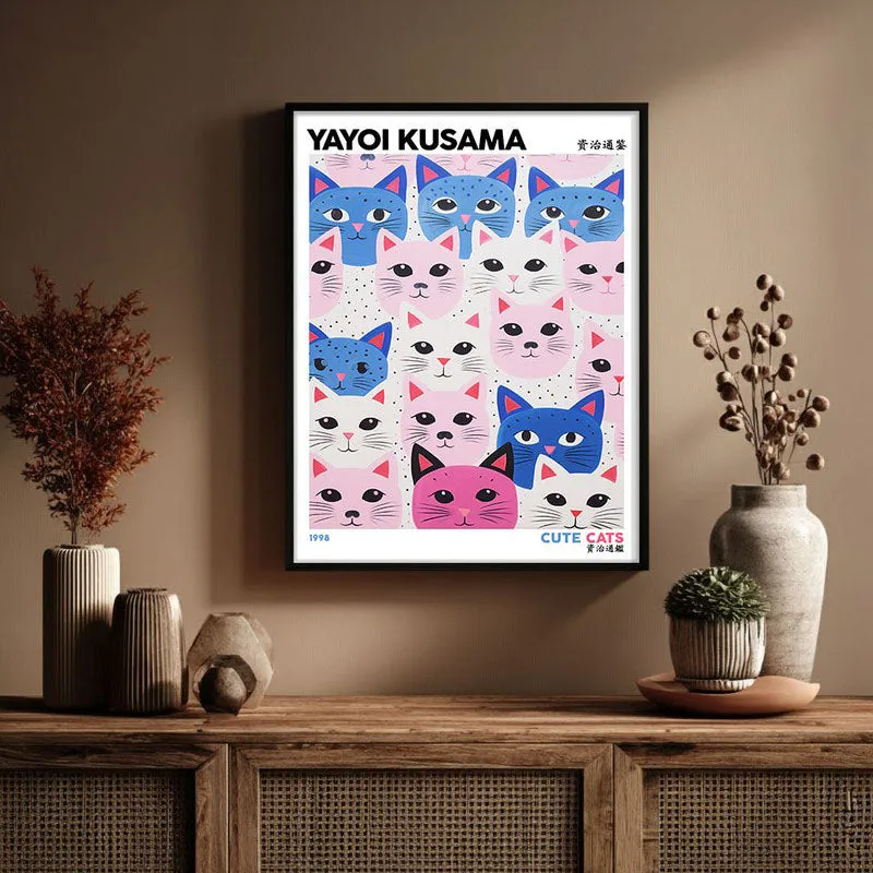 Cute Cats Inspired by Yayoi Kusama Wall Art - Black Frame media 3