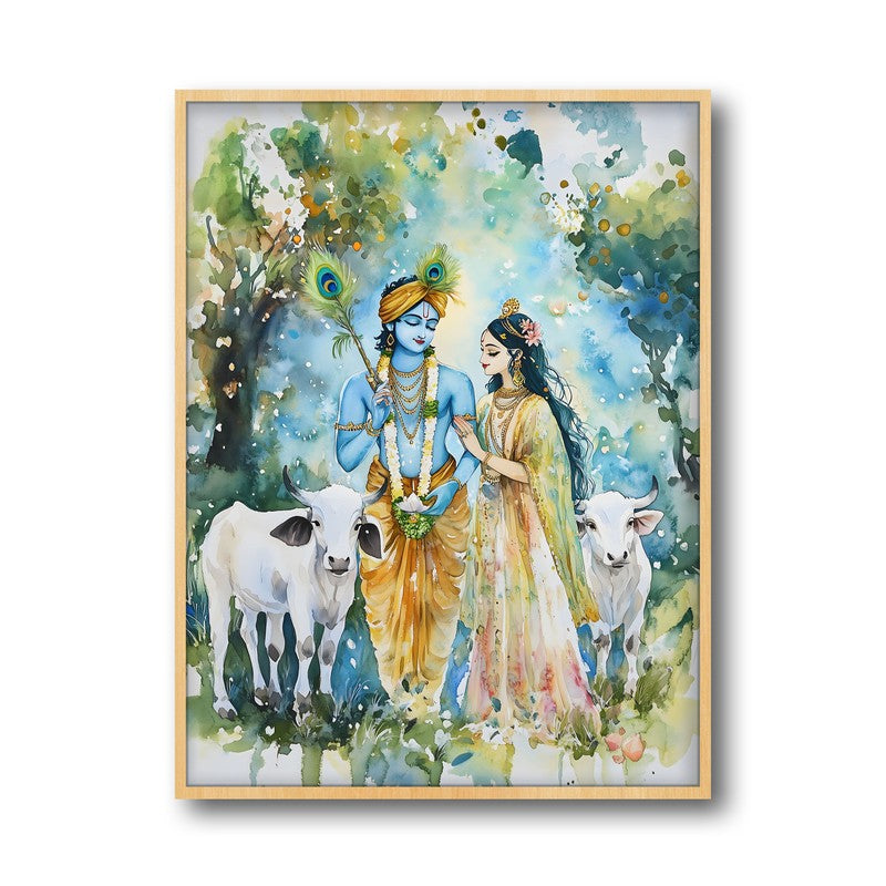 Sri Radha Krishna Spiritual Archival Paper Wall Painting - Natural Brown Frame media 5