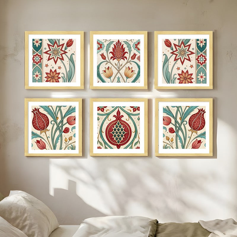 Byzantine Buds Paper Wall Painting With Frame - Set Of Six