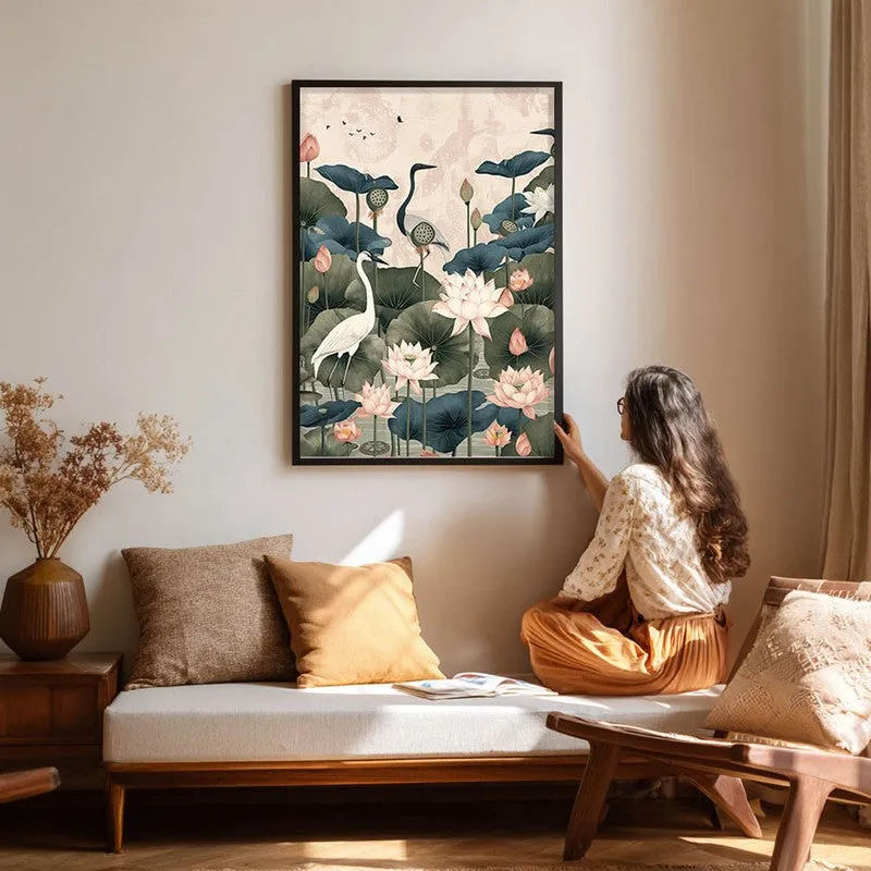 Lotus Garden Birds Canvas Wall Painting With Black Frame media 8