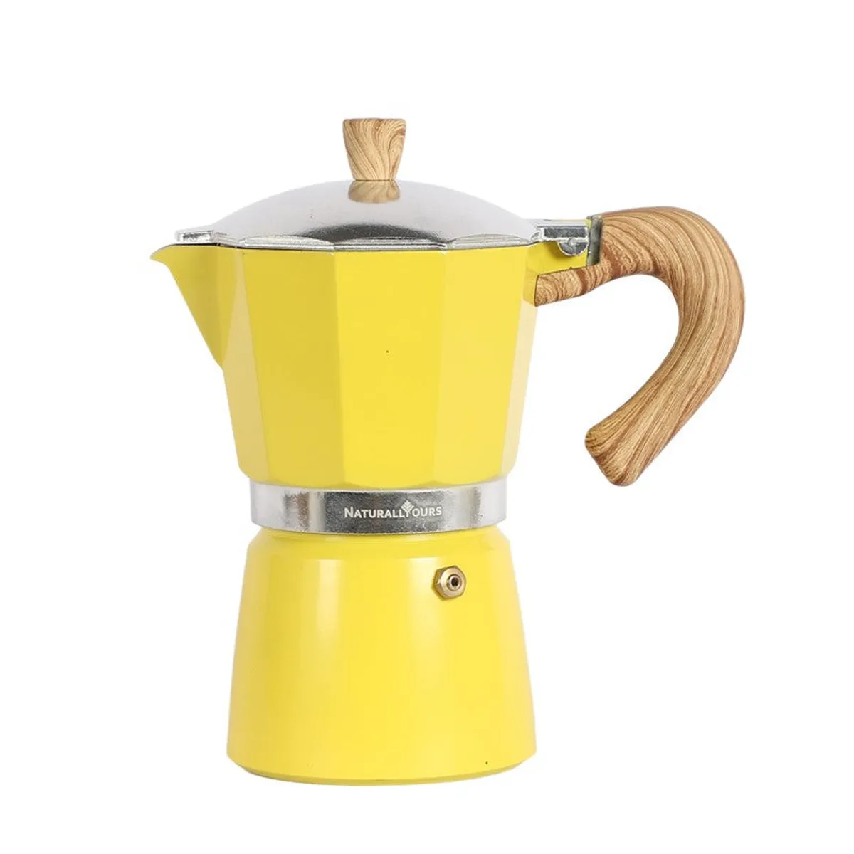 Yellow coffee maker shown against a white background