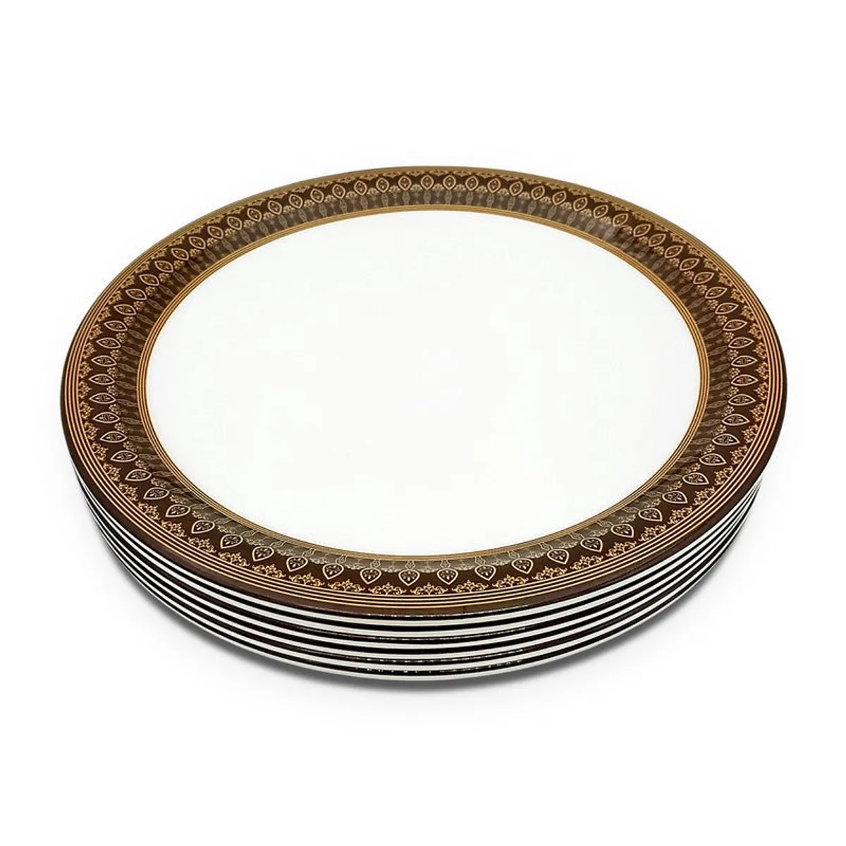 Stacked round white quarter plates with ornate brown and gold patterned rims on a white background.