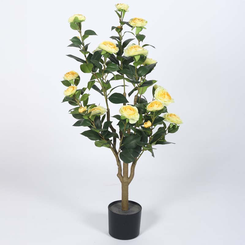Faux Lush Mini Camellia Plant With Black Plastic Pot -  Yellow & Green-  3.1 Feet media 4