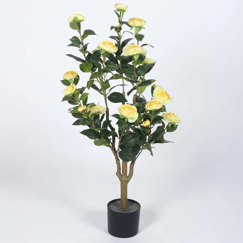 Faux Lush Mini Camellia Plant With Black Plastic Pot - Yellow & Green- 3.1 Feet media 4