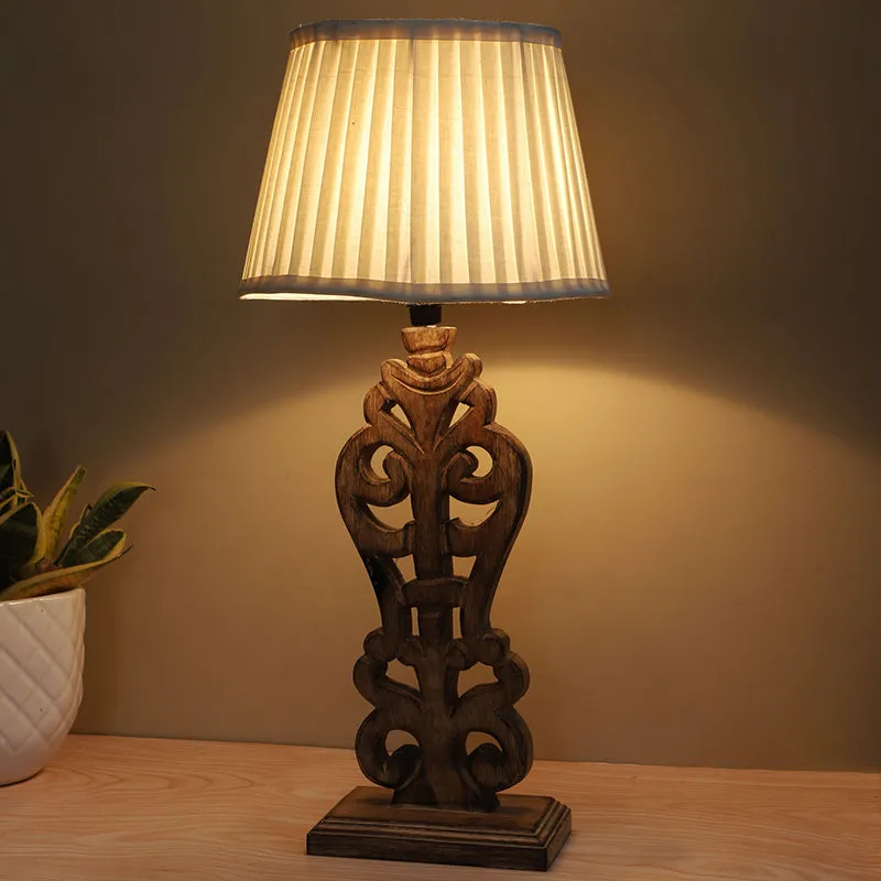 Gujo Deco Pleated Mango Wood Table Lamp - White,Beige media 1