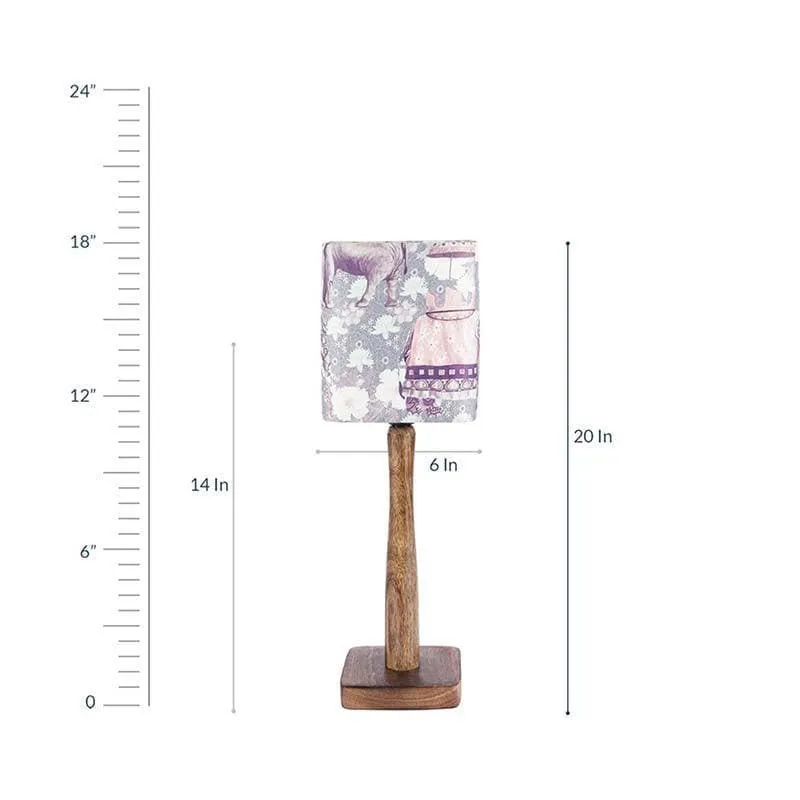 Multicolour table lamp shown with size reference graphic
