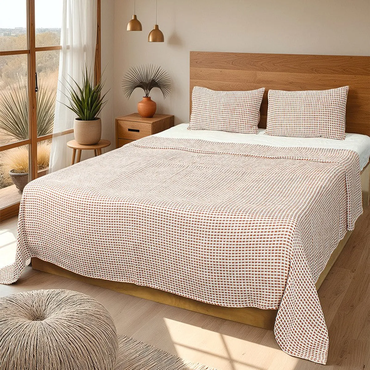 Orange checked bedcover draped over a king bed in a sunlit bedroom.