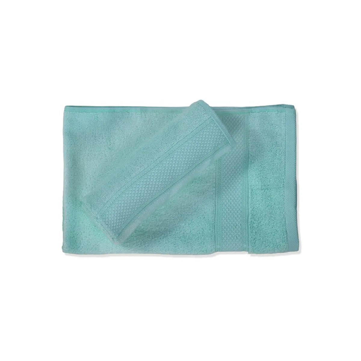 Flat-lay view of a sea-green hand towel with decorative border bands