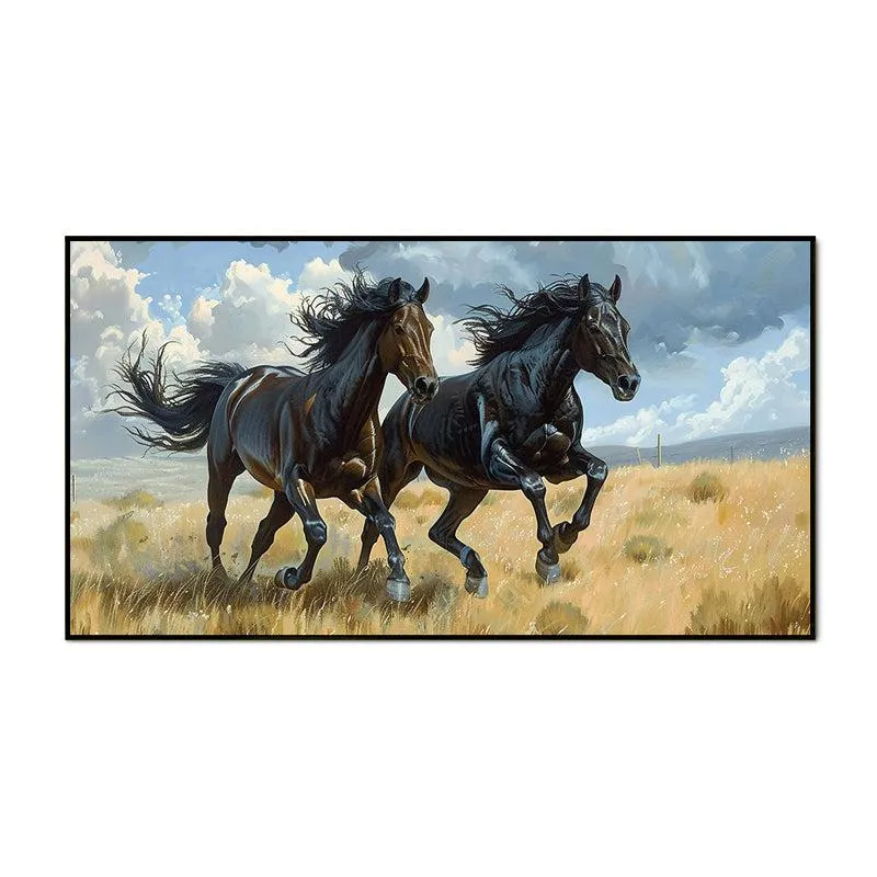 Ebony Duo Stallions Canvas Wall Painting With Frame - Black media 5