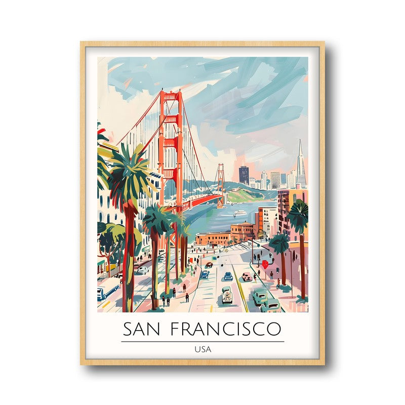 Vintage San Fransico Framed Canvas Archival Canvas Wall Painting - Natural Brown Frame media 5