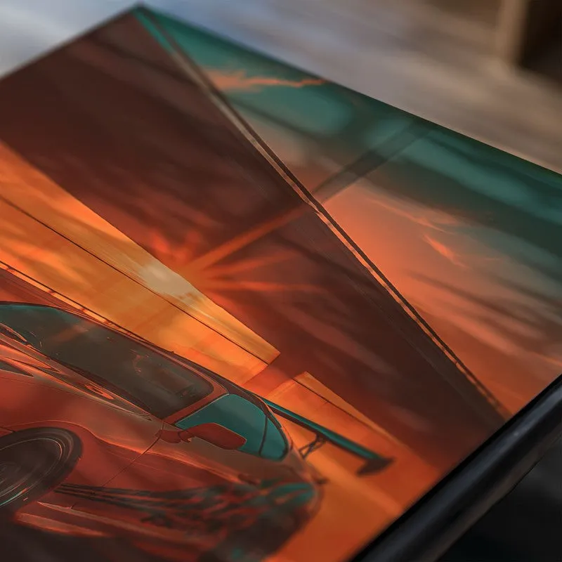 Close-up of orange sports car poster with glossy surface