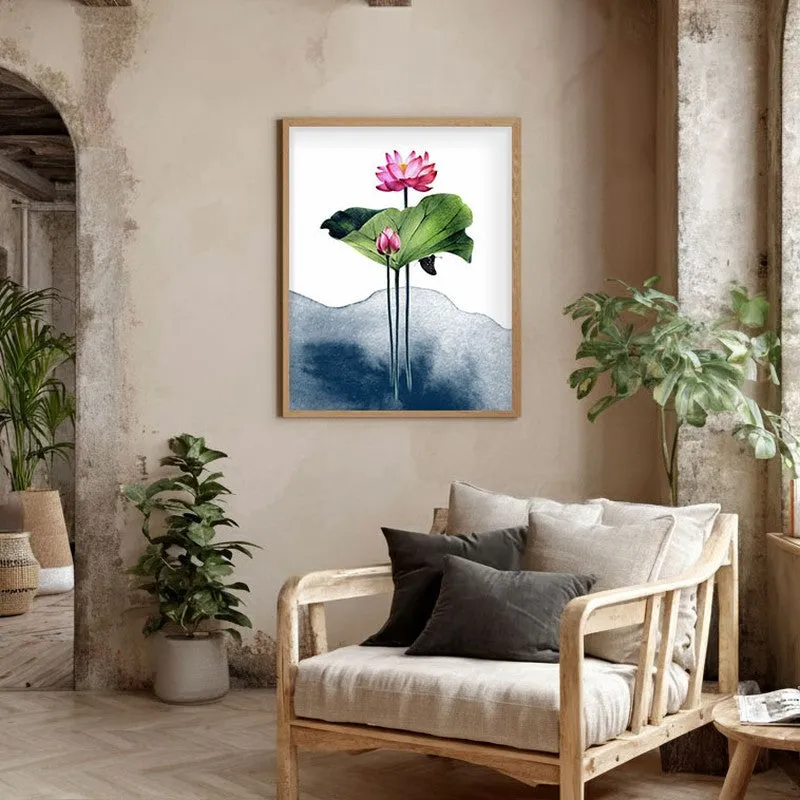Watercolor Lotus Archival Paper Wall Art  - Natural Brown Frame media 5