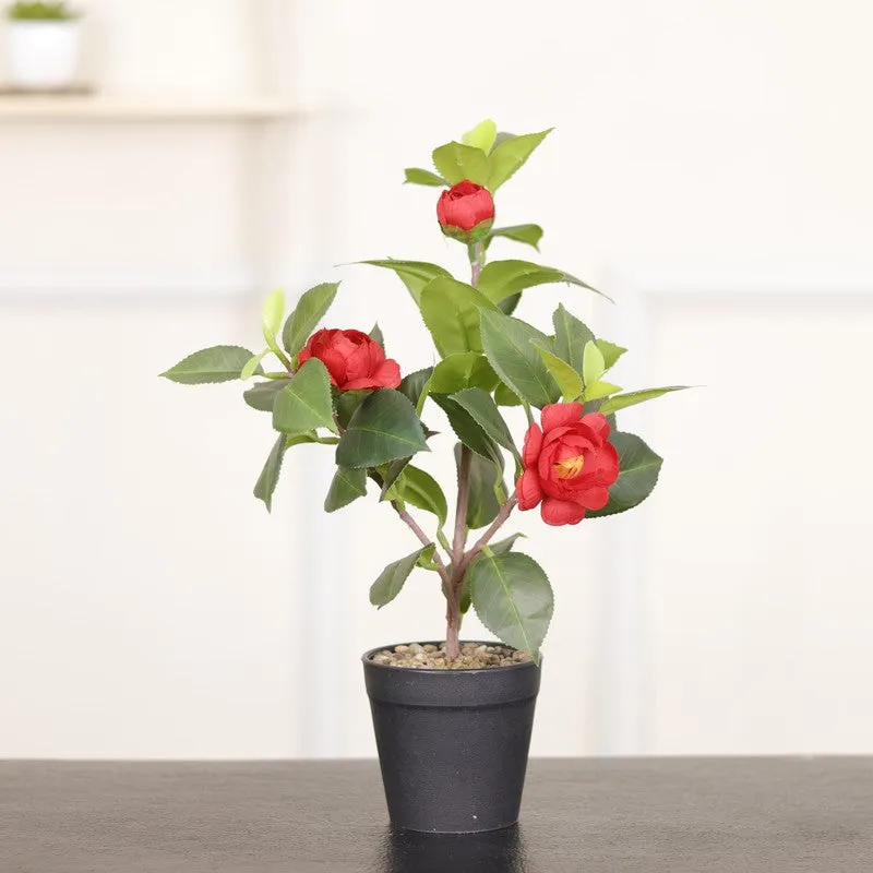 Artificial Red Rose Flower Plant With Black Fiber Pot - 1.2 Feet media 3