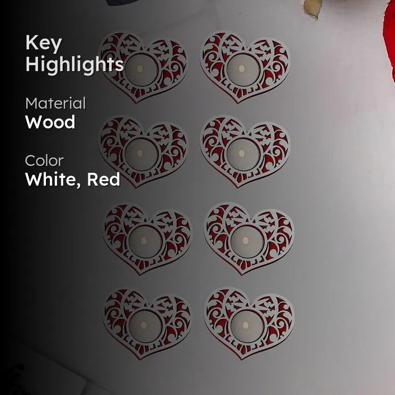 Intricate Heart Wood Tea Light Holder (Red) - Set Of Eight media 2