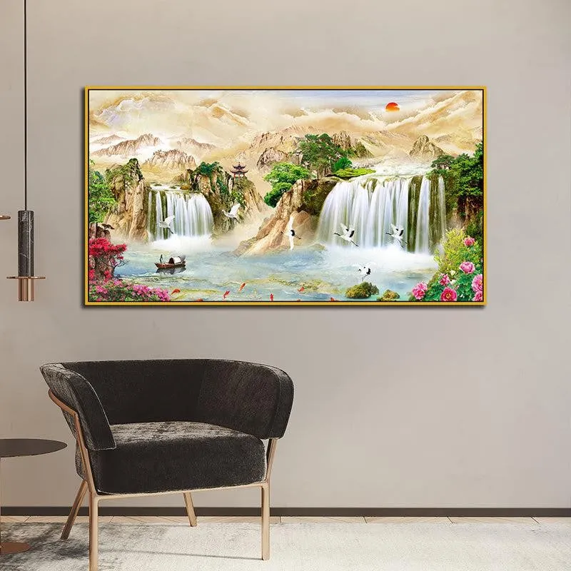 Savannah Waterfalls Landscape Canvas Wall Painting With Frame - Gold media 1