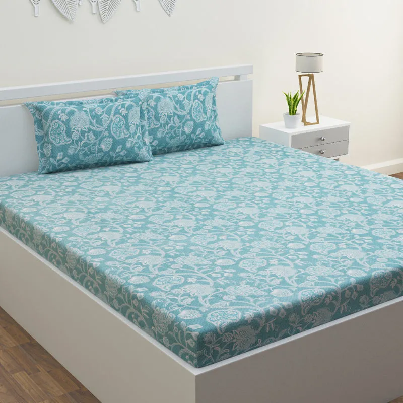 Dream Vines Cotton Bedsheet (Sky Blue) - 144 TC media 1