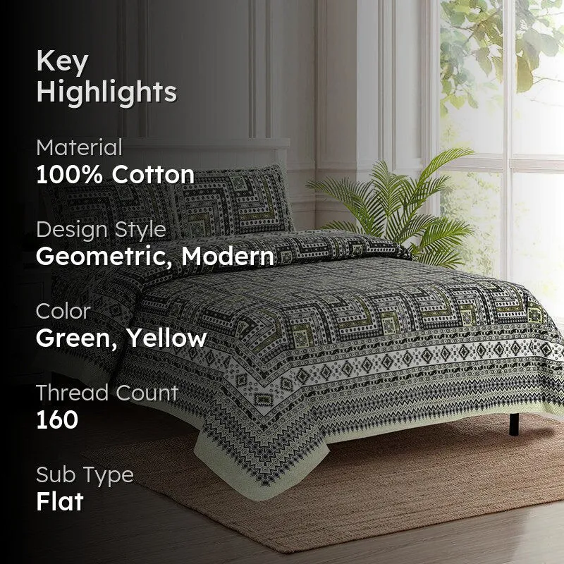 Sangita Weave Geometric Cotton Bedsheet (Green & Yellow) - 160 TC media 2