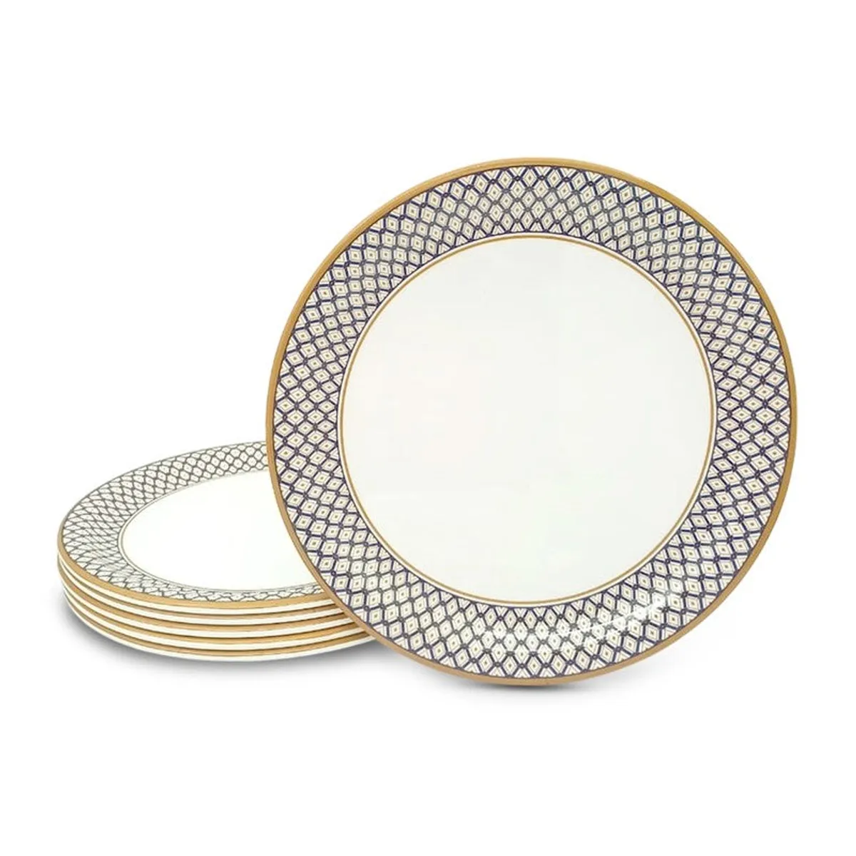 Upright white dinner plate with blue geometric border beside a stack of plates