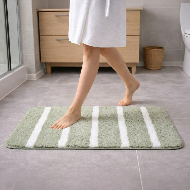 Soft Base Anti Skid Micro Fiber Bath Mat - Green,White - 37 x 57 cms