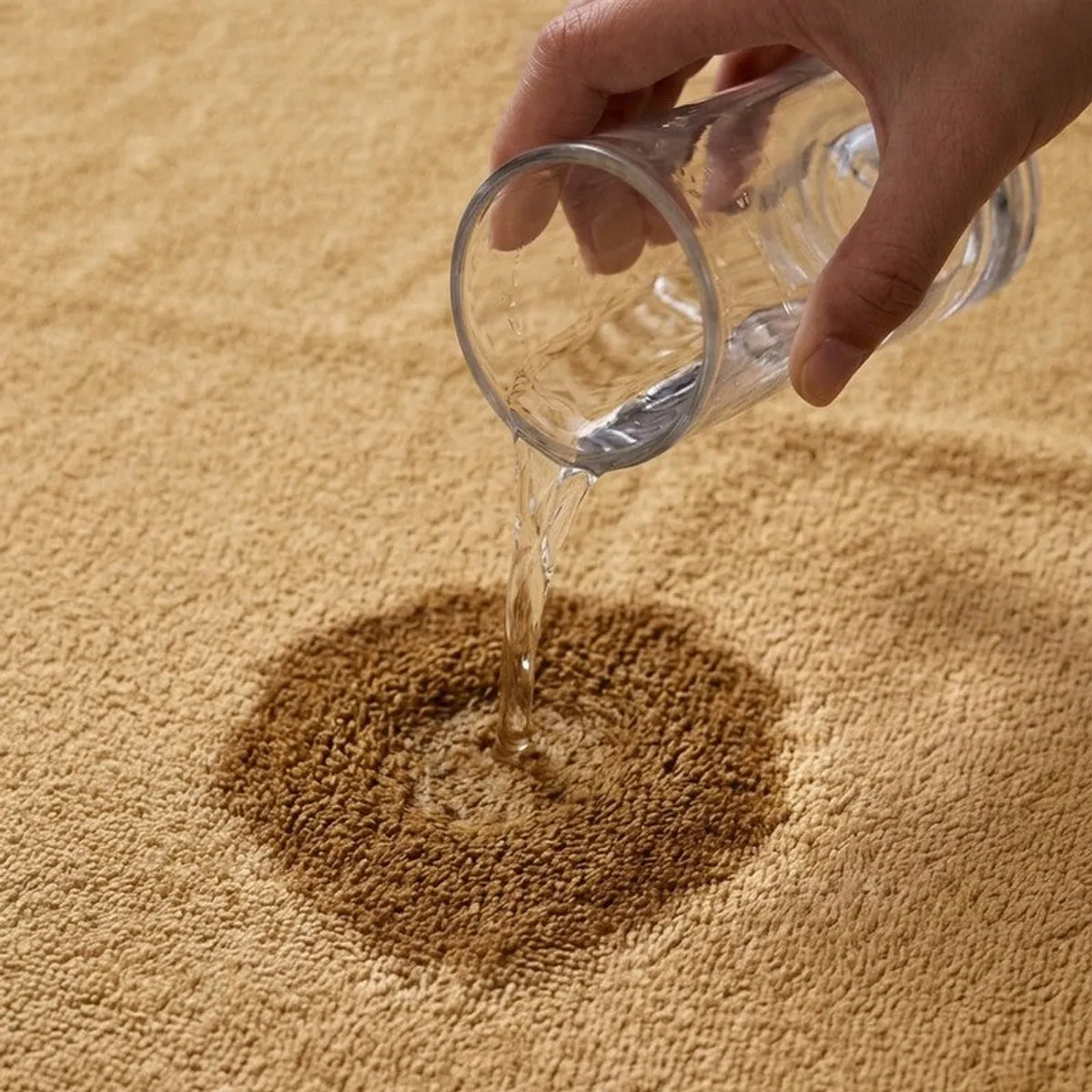 Water being poured onto the absorbent surface of a beige towel
