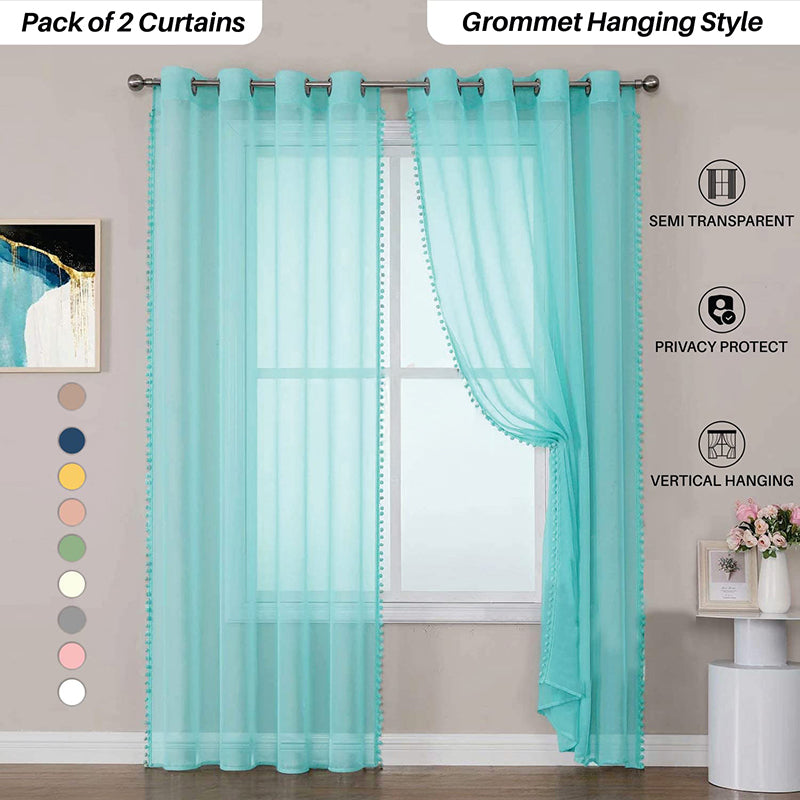 Urban Space Curtain With Pom Pom (Aqua Blue) - Set Of Two media 3