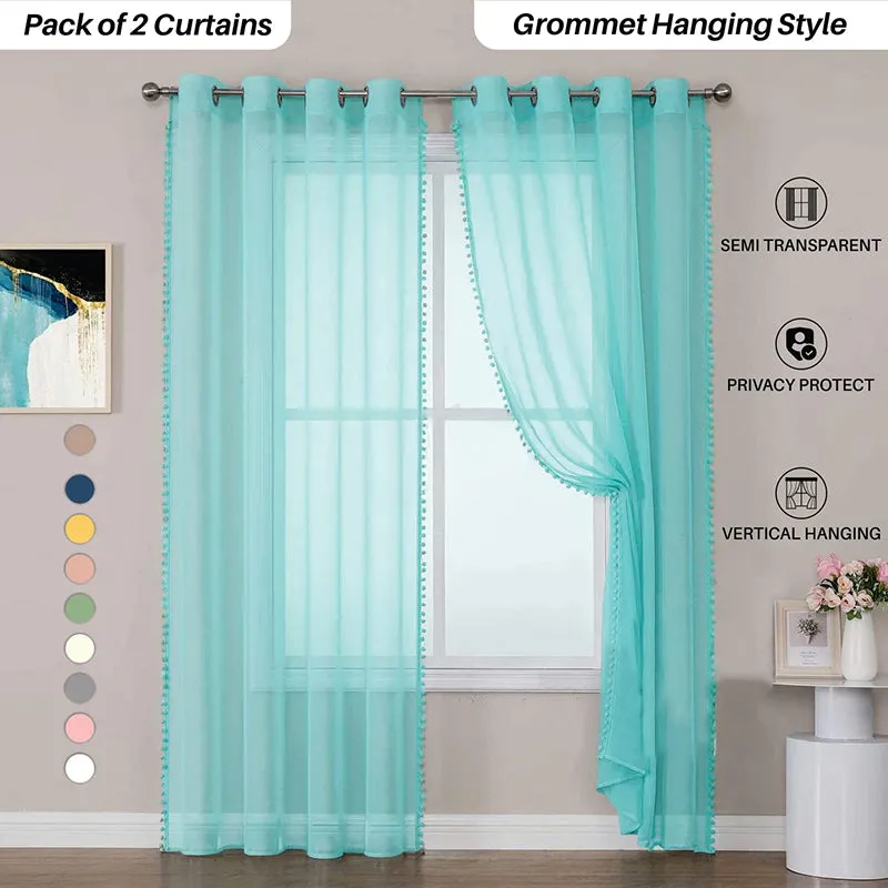 Urban Space Curtain With Pom Pom (Aqua Blue) - Set Of Two media 3