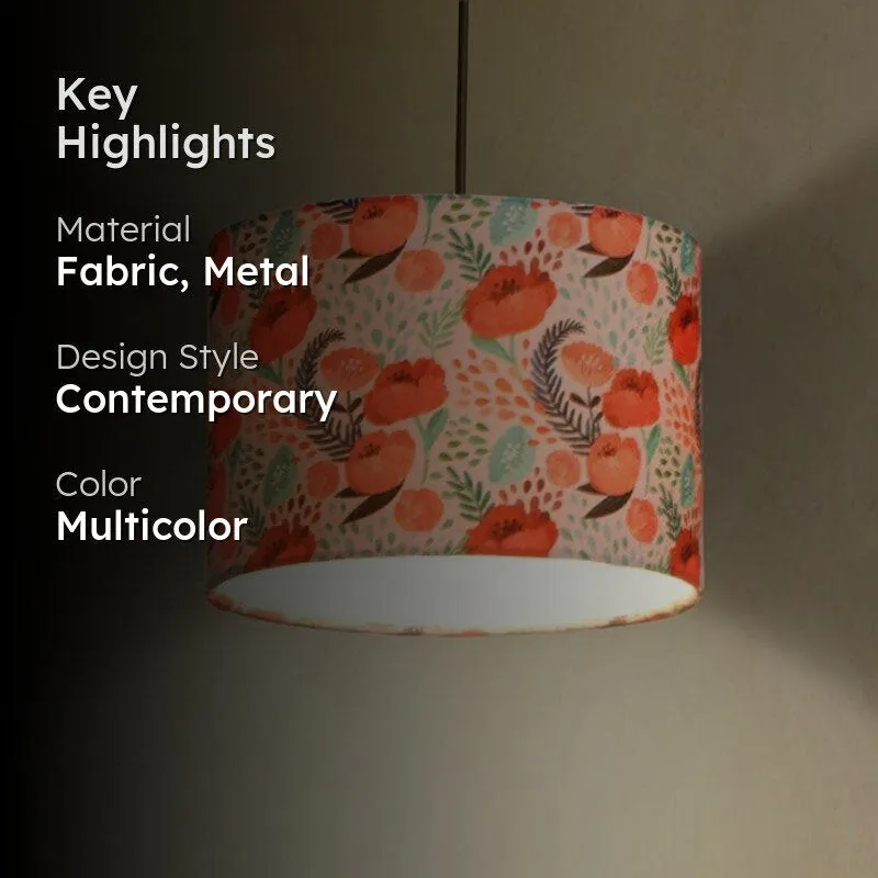Close-up of floral fabric ceiling lamp with highlight text overlay