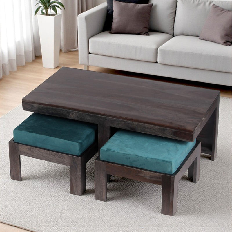 Drexon Sheesham Wooden Center Table with Stools (Deep Brown,Blue) - Five Piece Set